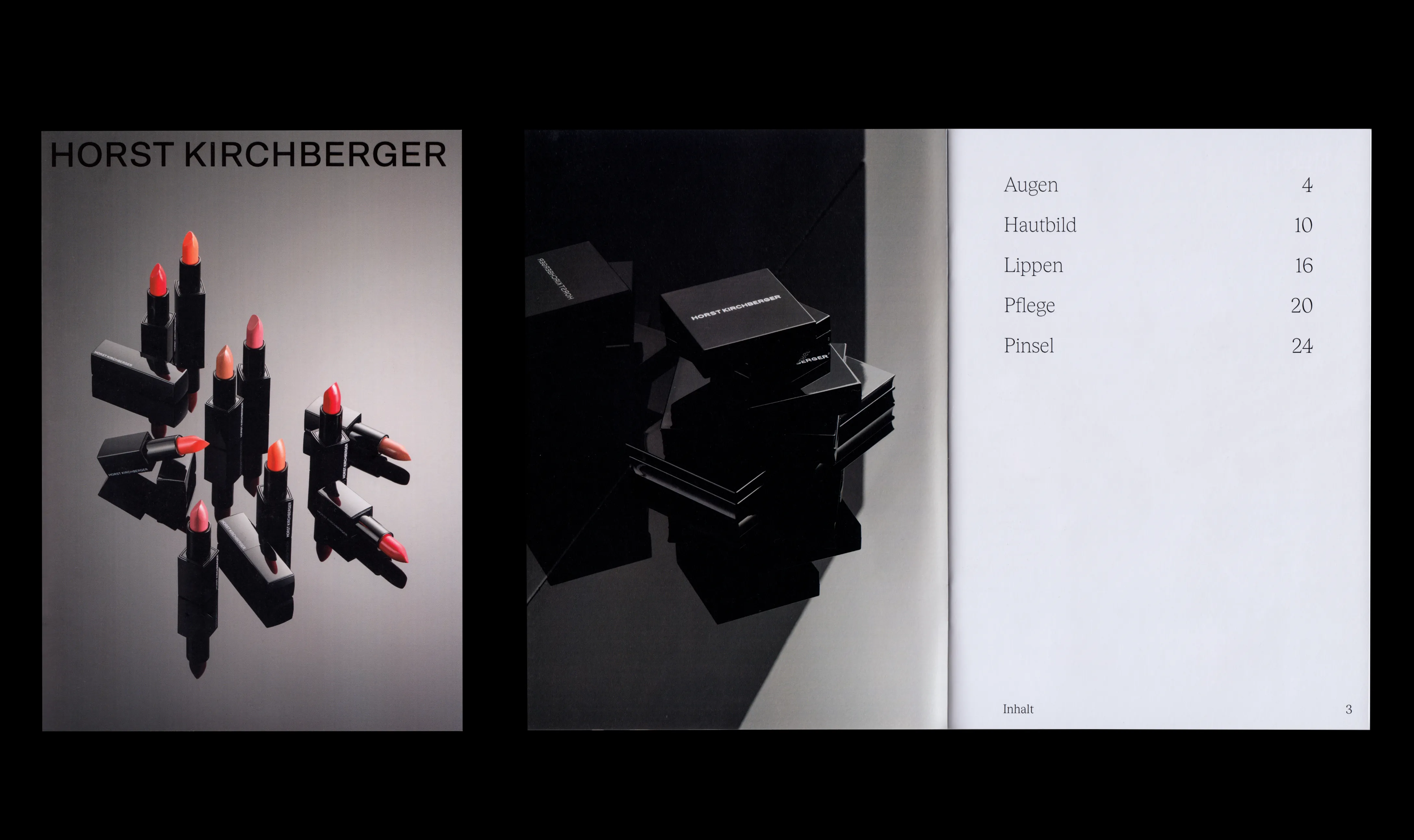 Editorial-Design für Beautykatalog: Serifentypografie gegenüber einer kontrastreichen Produktinszenierung von Lippenstiften.