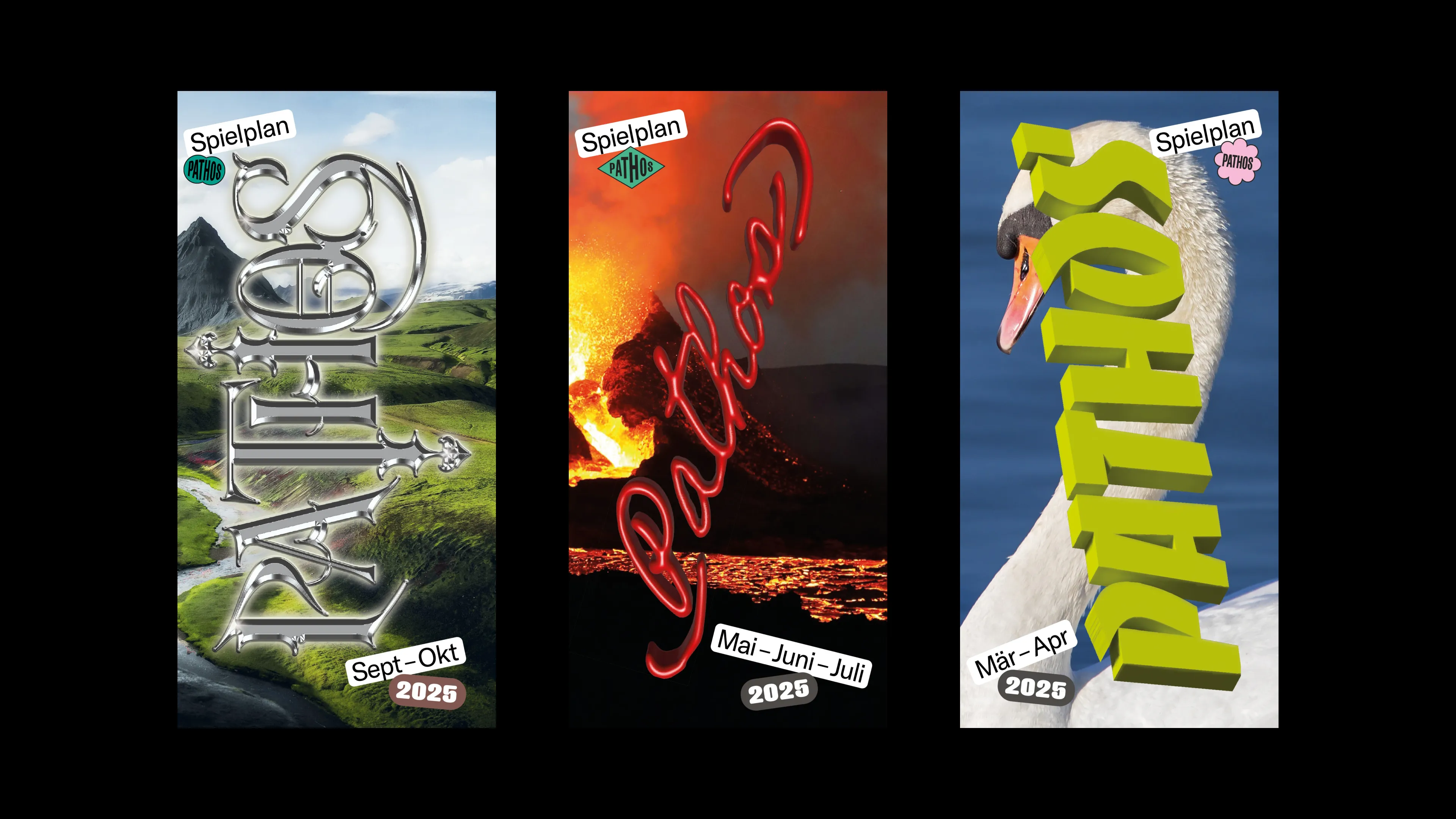 Scans der Flyervorderseiten der Pathos-Programme von Main-Juni-Juli 2025, September-Oktober 2025 und März–April 2025