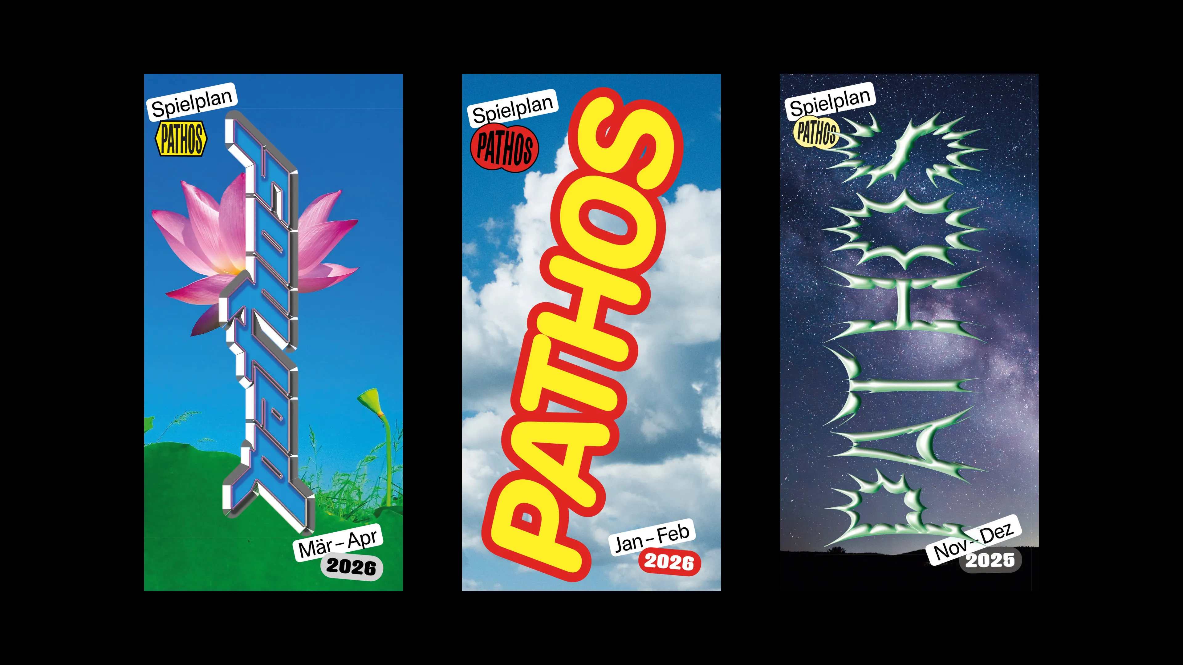 Scans der Flyervorderseiten der Pathos-Programme von November-Dezember 2025, Januar-Februar 2026 und März–April 2026