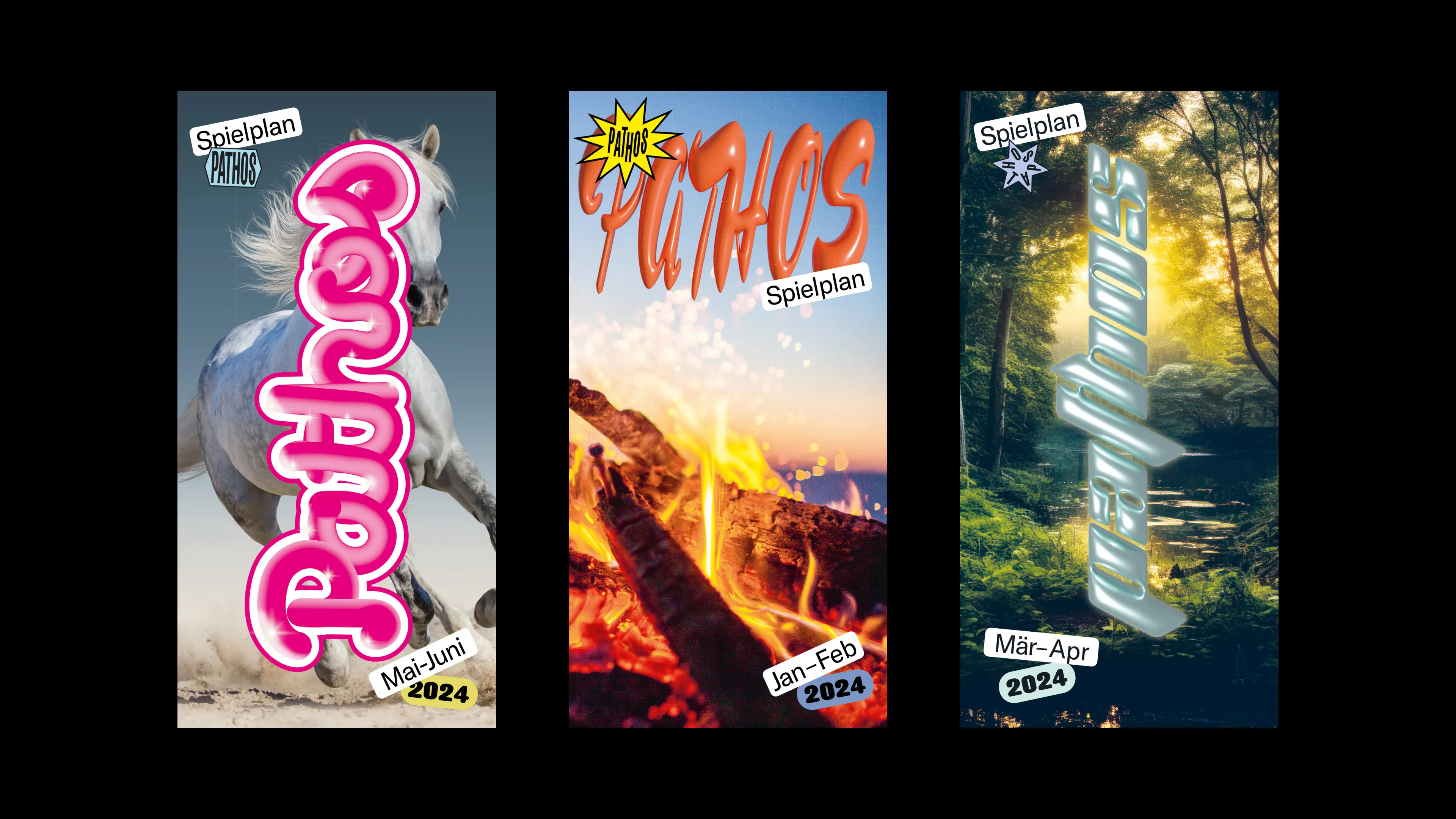 Scans der Flyervorderseiten der Pathos-Programme von März-April 2024, Januar-Februar 2024 und Mai–Juni 2024