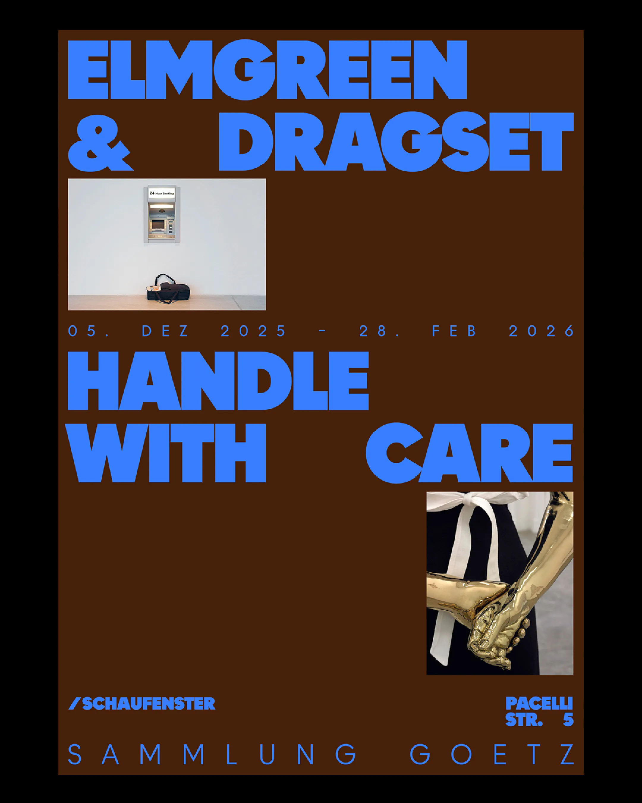 Ankündigungsplakat für die Ausstellung "Handle with Care" von Elmgreen & Dragset in der Sammlung Goetz
