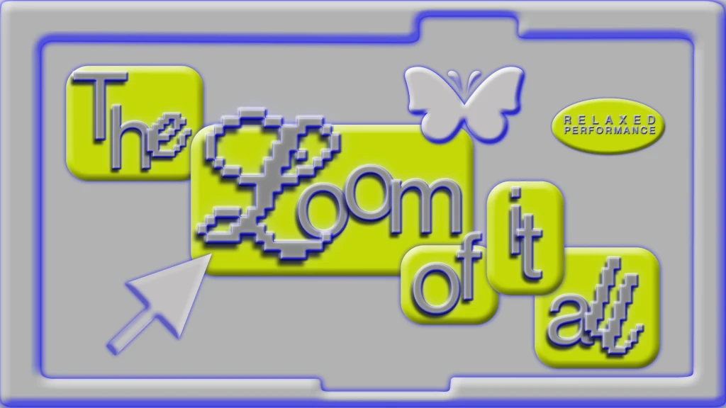 Graue Grafik in 2000er Internetästhetik, auf der "The Loom of it all" steht mit blauen Schatten, Cursor, Neongelben Elementen