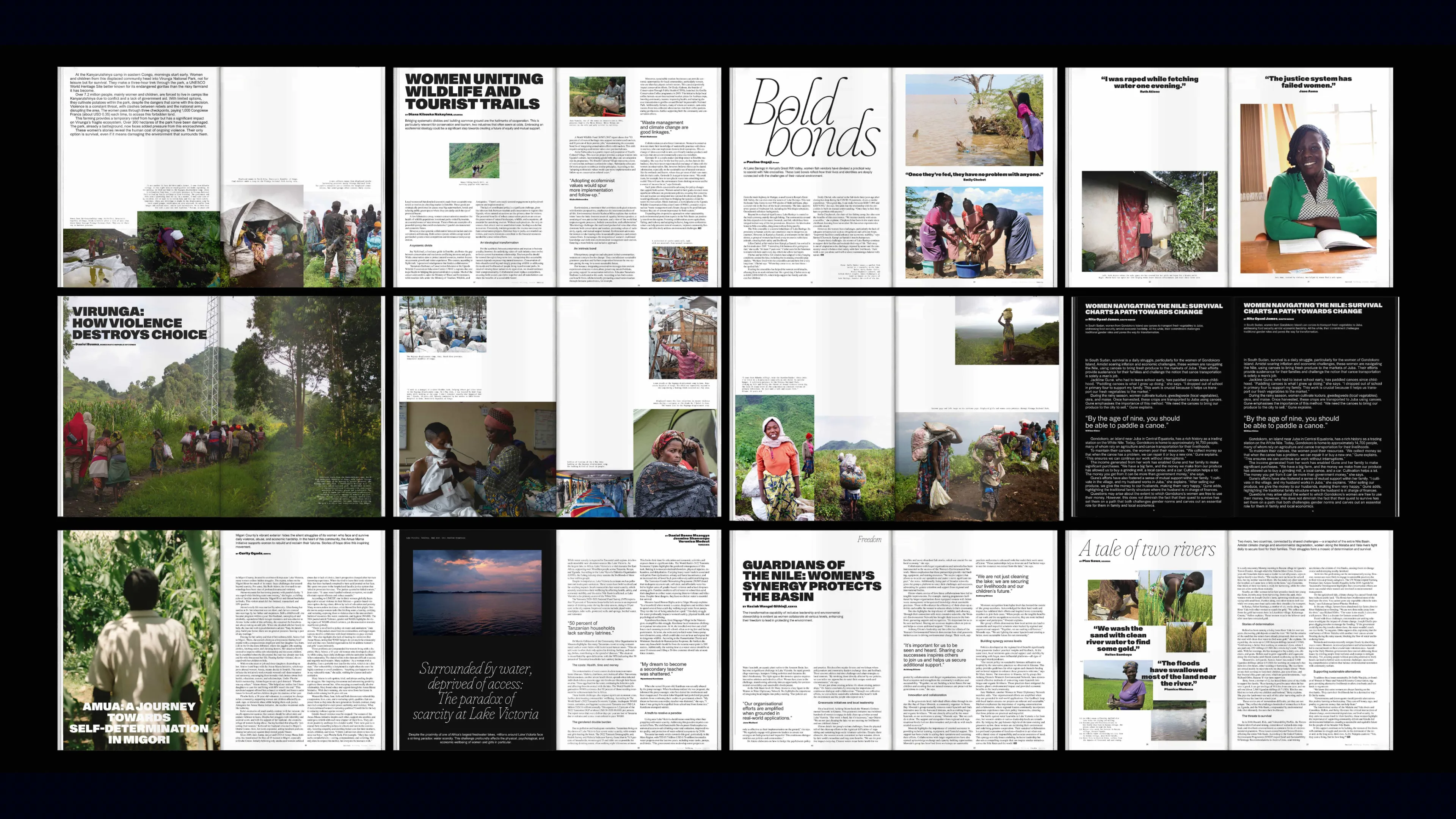 Übersicht einiger Doppelseitenlayouts aus dem Magazin, die eine Mischug aus Reportagefotos und eleganter Typografie sind